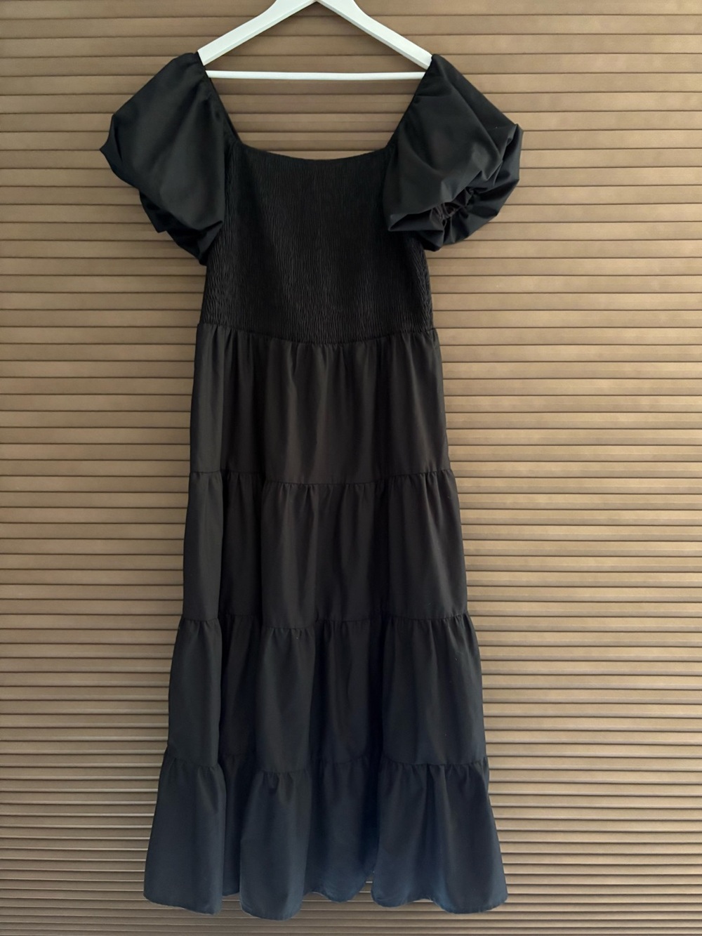 Smocked Bodice Black Midi Dress with Puff Sleeves